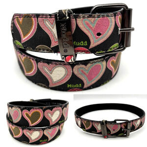 Vintage 90s Y2K Mudd Heart Print Canvas Black Genuine Leather Belt S/M 30-34"